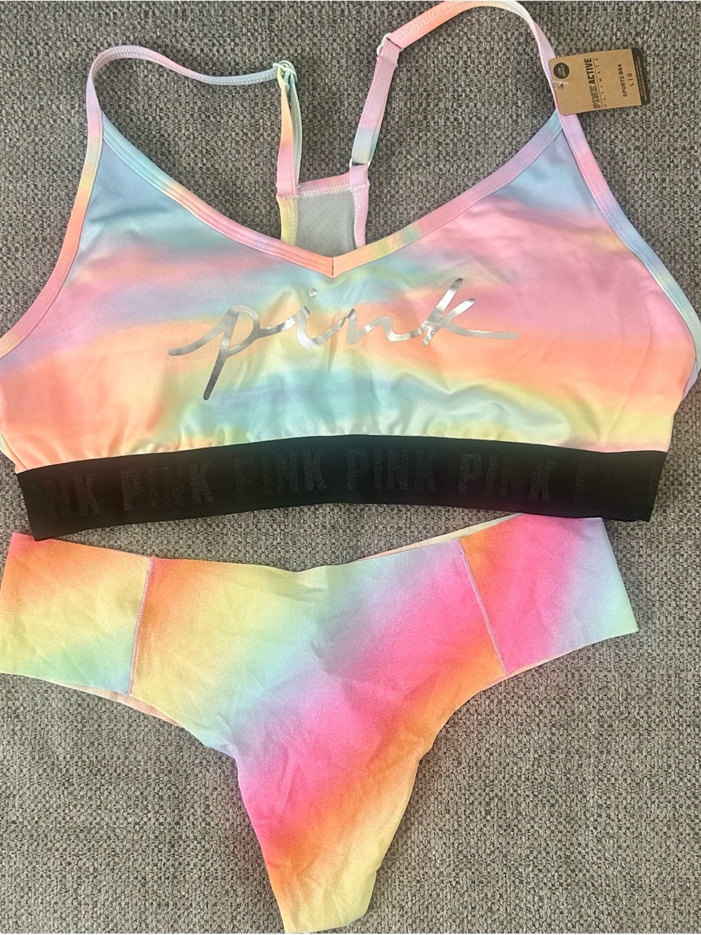 PINK Victoria's Secret Rainbow Pastel Tie-Dye Sports Bra & Thong Set